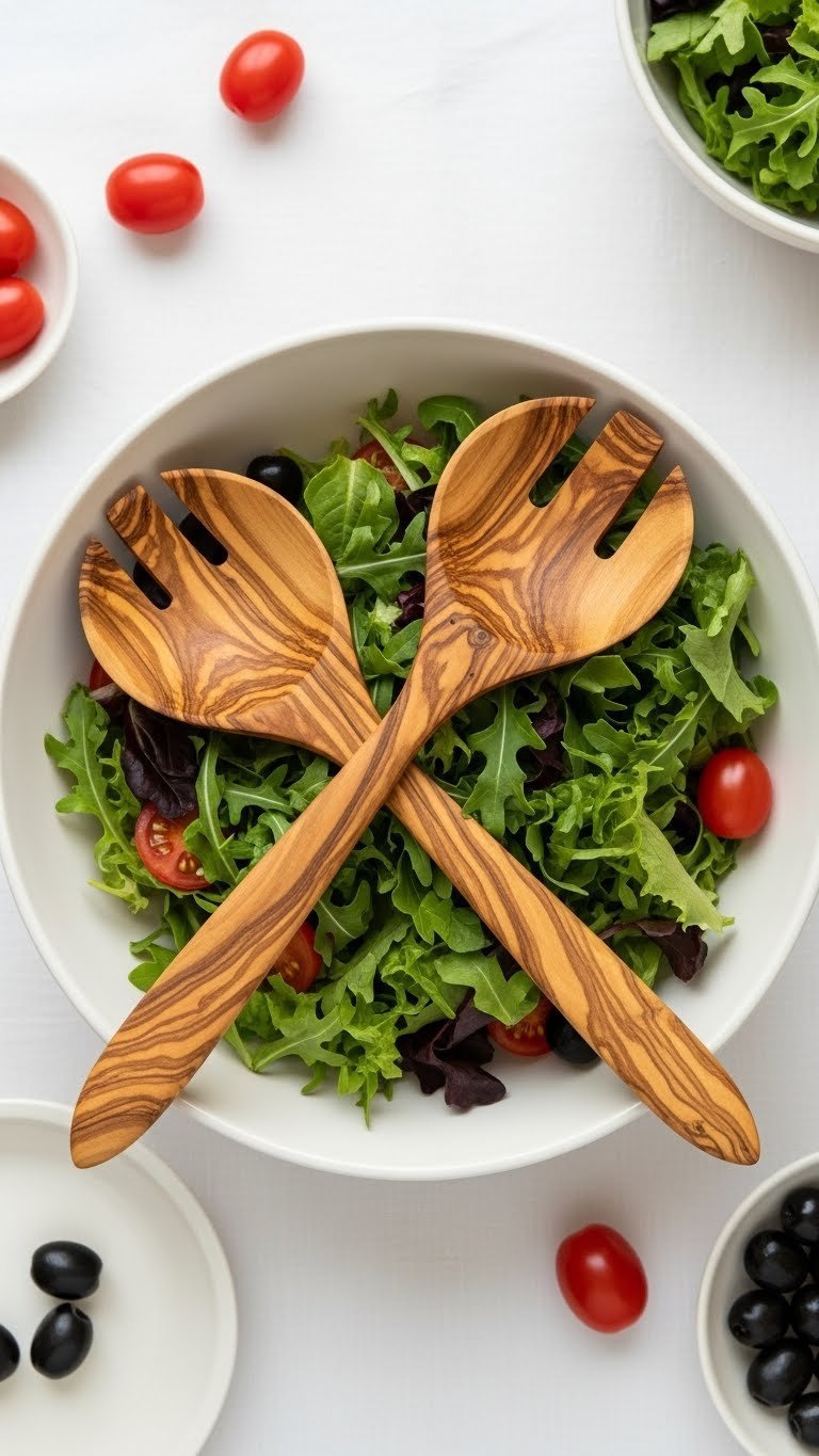 9 Proven Kitchen Gadgets Diy Projects For December 2025 13 DIY olive wood salad servers resting in white ceramic bowl filled with fresh salad surrounded by tomatoes and olives.