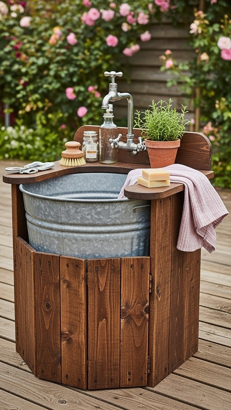 DIY outdoor sink crafted from galvanized metal tub with hand pump faucet on rustic wooden cabinet