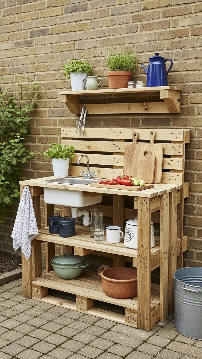 DIY pallet outdoor kitchen with rustic prep counter and upcycled materials on patio pavers