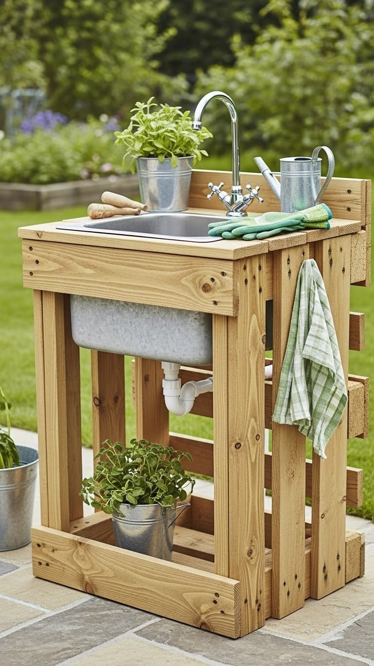 DIY pallet sink station with metal basin integrated into stained wooden pallets featuring gardening tools and plants