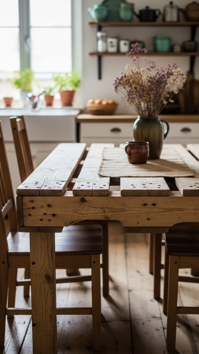 DIY pallet wood rustic kitchen table with repurposed wood texture in eco-conscious farmhouse kitchen setting