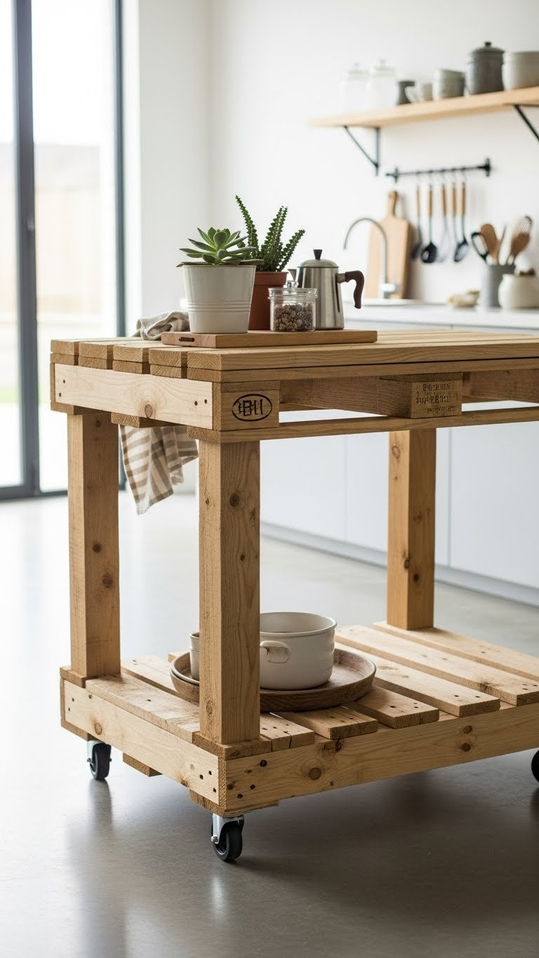 DIY rustic kitchen island constructed from repurposed pallet wood with potted succulents, ceramic coffee pot, and simple metal utensil hooks.