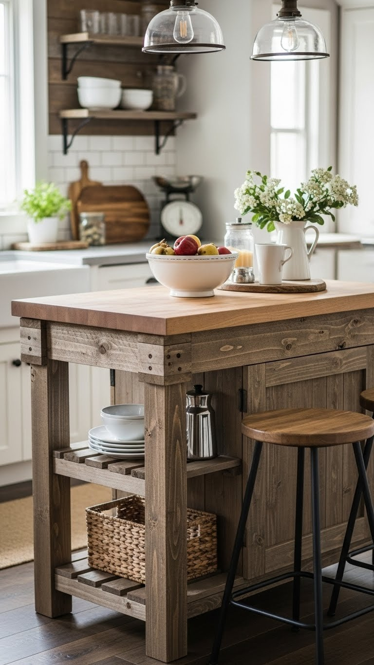 Rustic Kitchen On A Budget: 11 Genius Diy Ideas For Any Home 11 DIY rustic kitchen island made from distressed wood with butcher block countertop and woven baskets