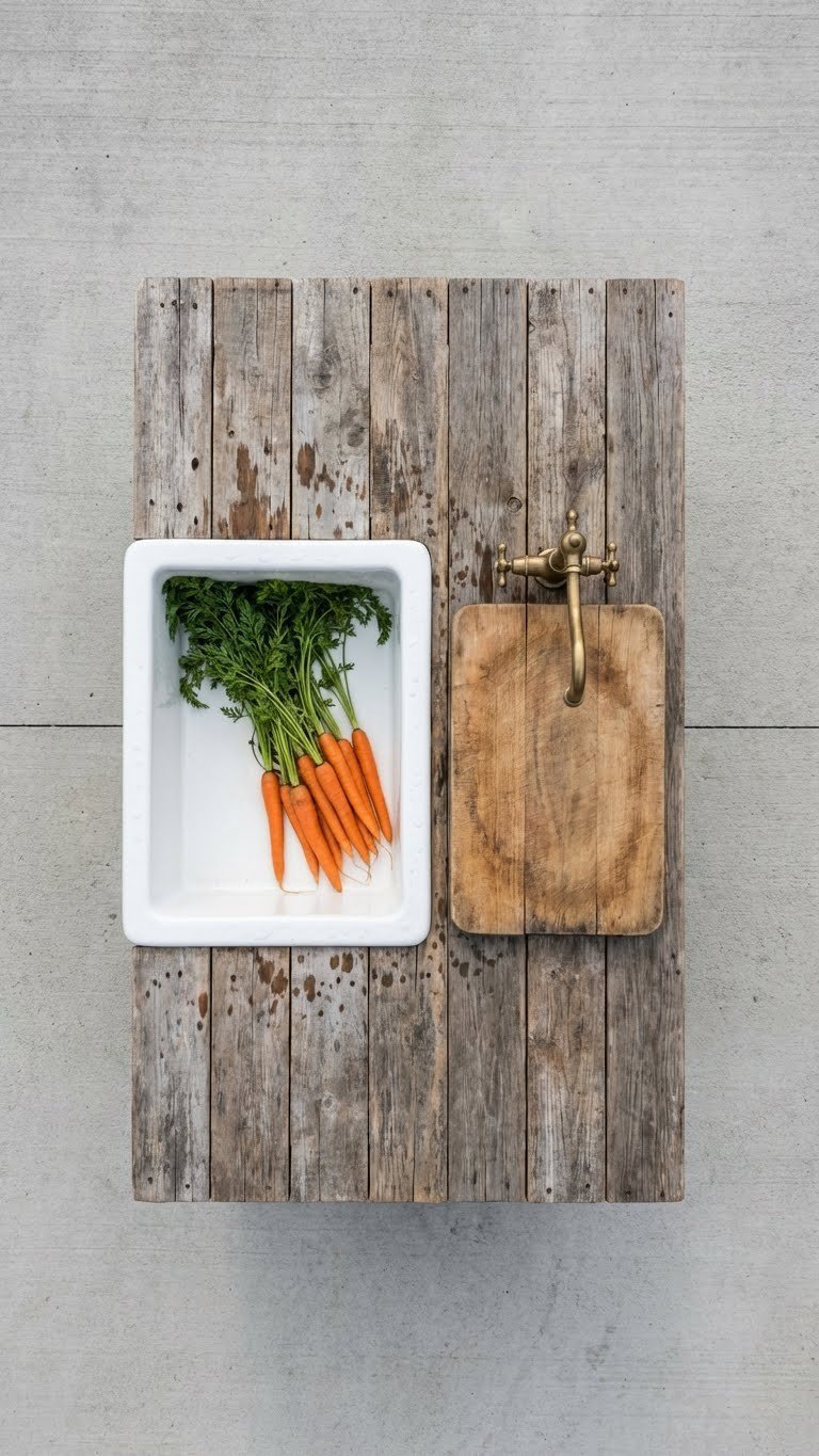 DIY rustic prep counter made from reclaimed pallet wood with farmhouse sink and fresh carrots.