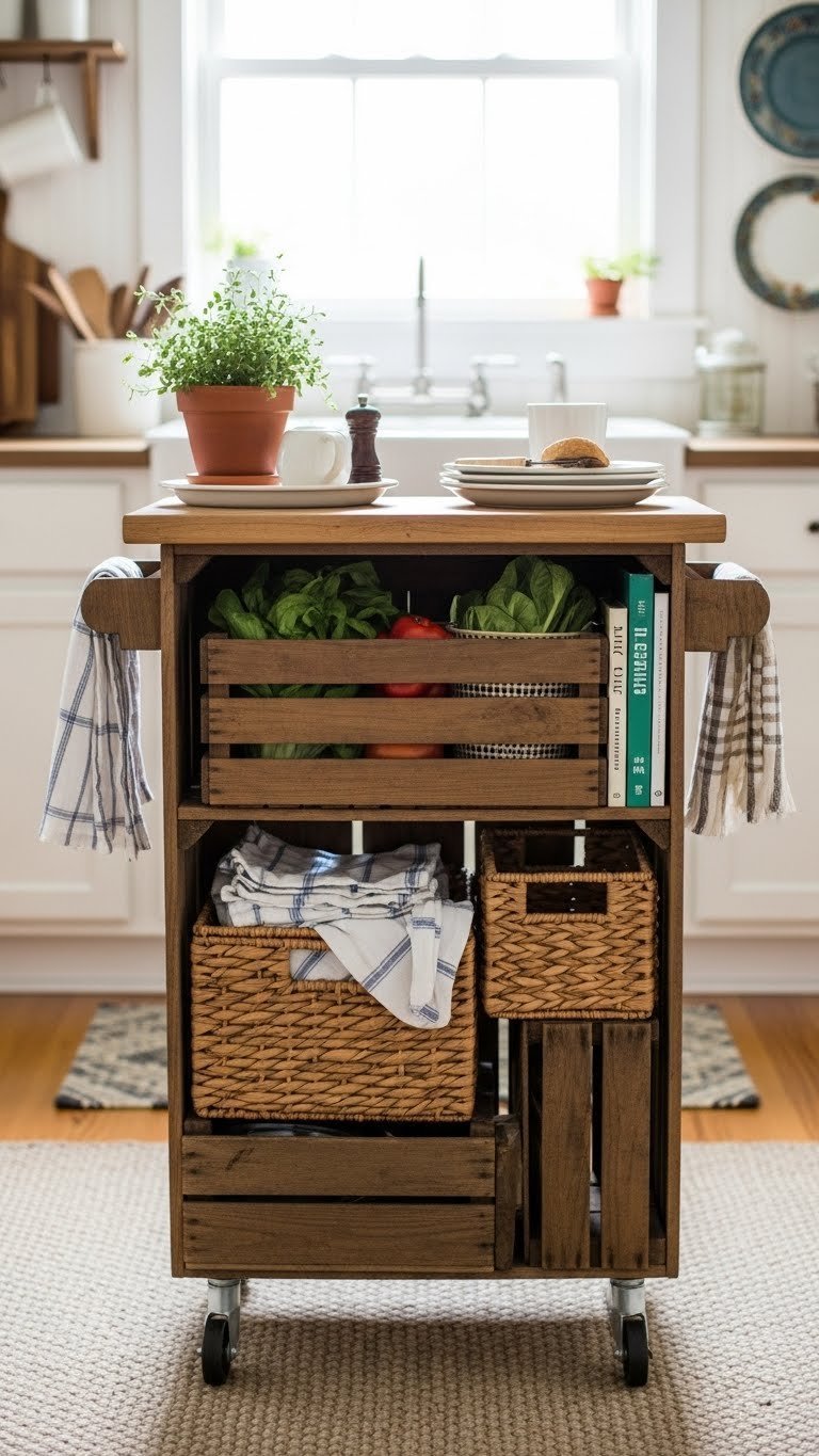 DIY stacked wooden crate island with rustic butcher block top and woven baskets filled with kitchen linens and vegetables