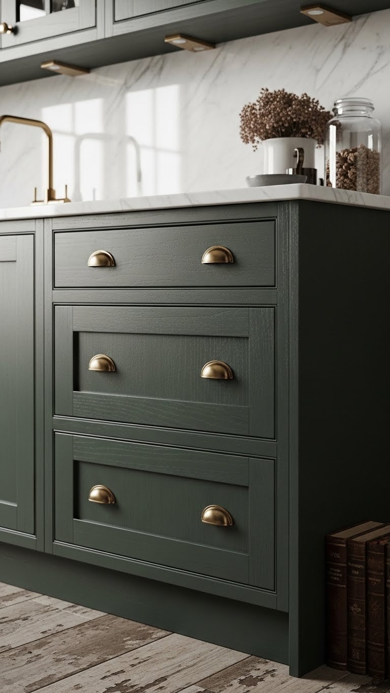Dark Academia kitchen cabinets: deep matte forest green shaker style, bronze hardware, luxurious texture, moody depth, minimalist design.