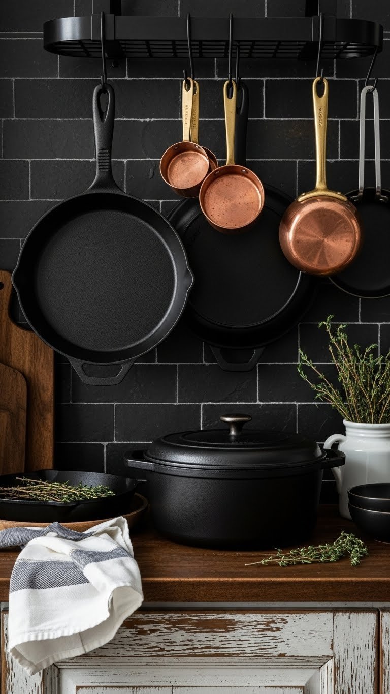 Dark Academia kitchen cookware: matte black cast iron and polished copper pots hanging from a rustic rack above a wood counter.
