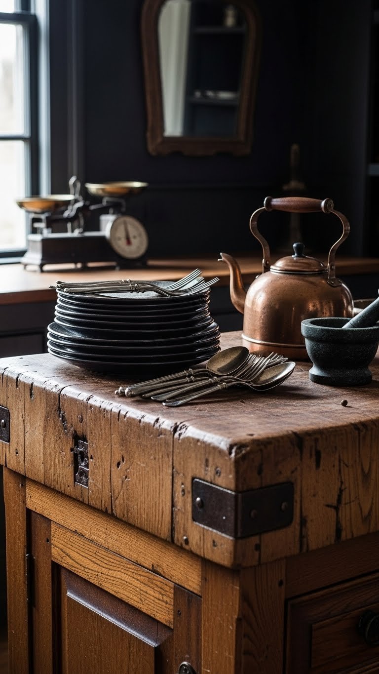 Dark Academia kitchen countertop detail: distressed wood butcher block, dark ceramic plates, vintage copper kettle.