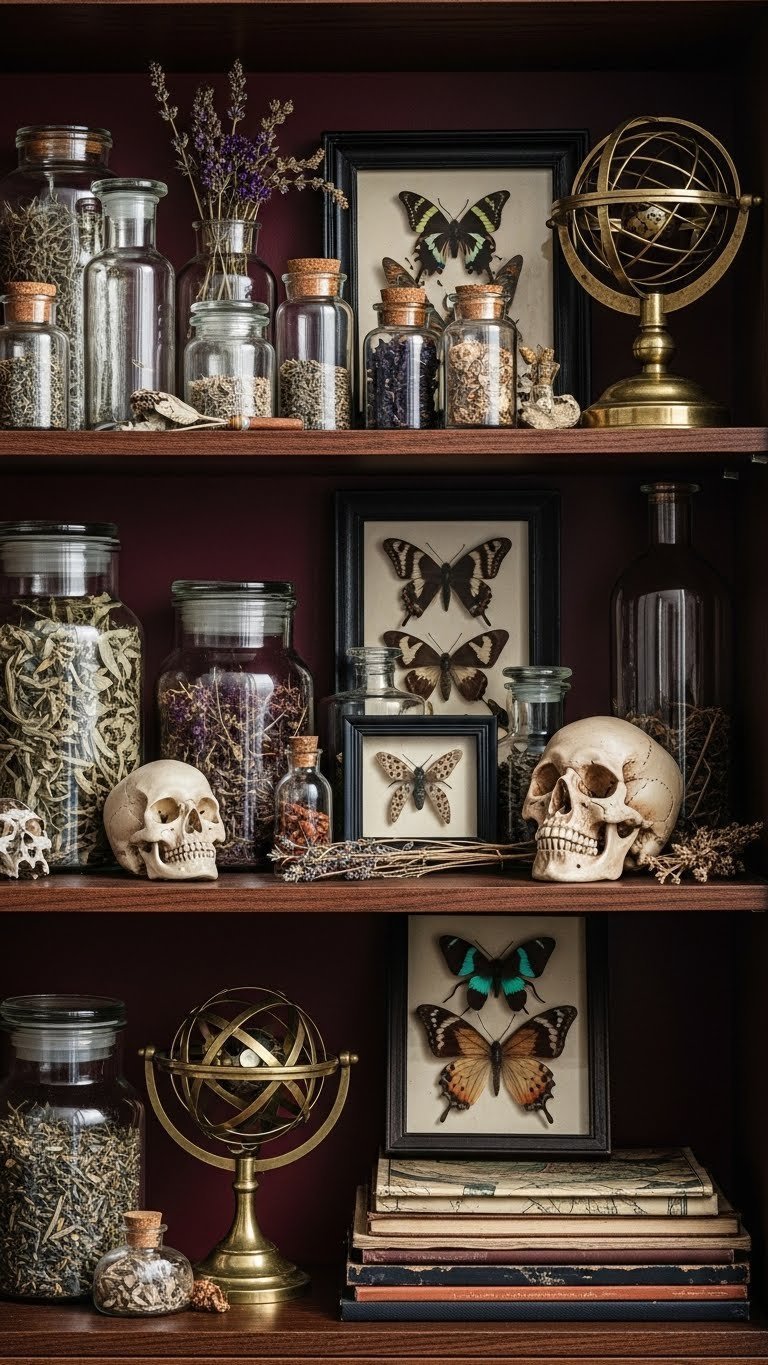 Dark Academia kitchen curiosity cabinet with vintage glassware, apothecary jars, framed insects, and an aged skull replica.