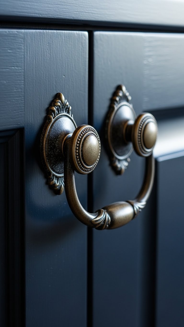 Dark Academia kitchen hardware: antique distressed bronze cabinet knob and cup pull on a dark painted cabinet, showcasing patina.