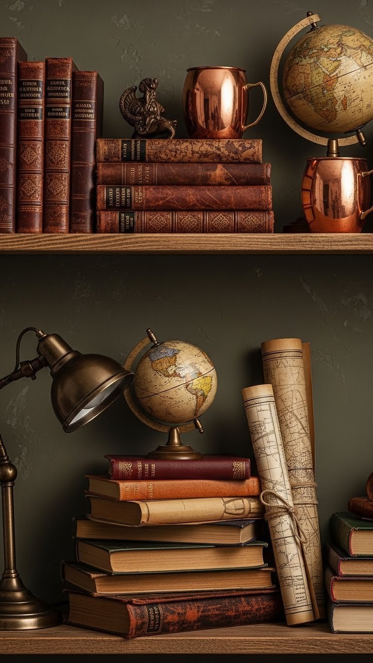 Dark Academia kitchen shelf display with antique leather books, copper mugs, vintage globe, and rolled maps on a rustic wood shelf.