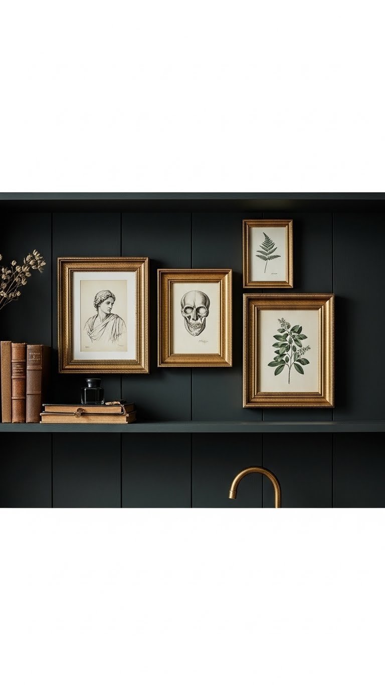 Dark Academia kitchen wall art: gallery of classical sketches, anatomical, and botanical prints in distressed gold frames.