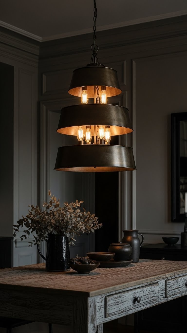 Dark Academia kitchen with dramatic bronze chandelier, Edison bulbs, and warm dimmable light over a distressed wooden island.