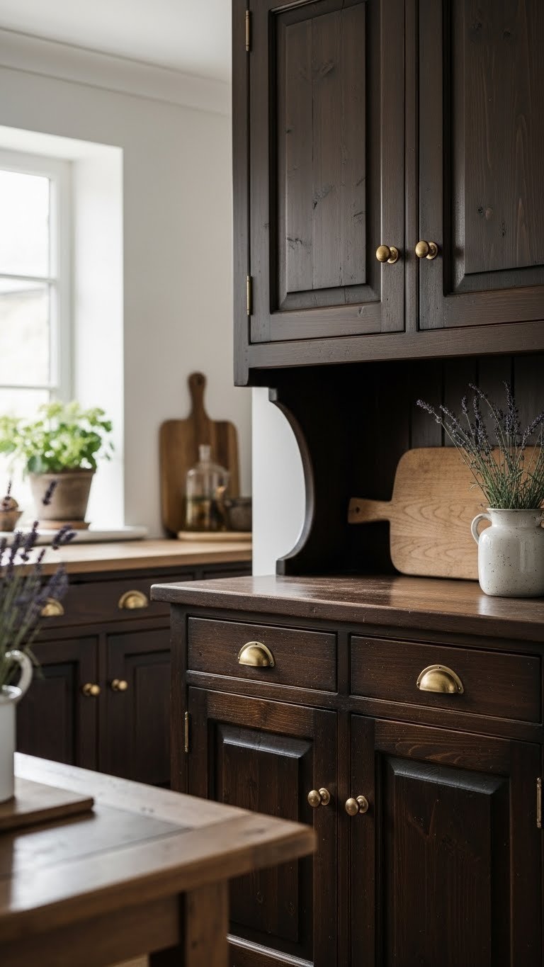 Dark French Country Kitchen Aesthetic: 7 Design Secrets 1 Dark French country kitchen cabinets with distressed wood and heavy brass hardware, antique cutting board, lavender, cocoa brown tones.