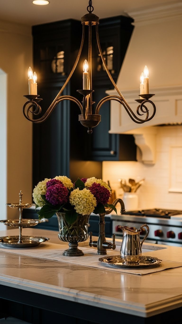 Dark French Country Kitchen Aesthetic: 7 Design Secrets 3 Dark French country kitchen island with wrought iron chandelier, warm ambient lighting, marble countertop, silver serving pieces.