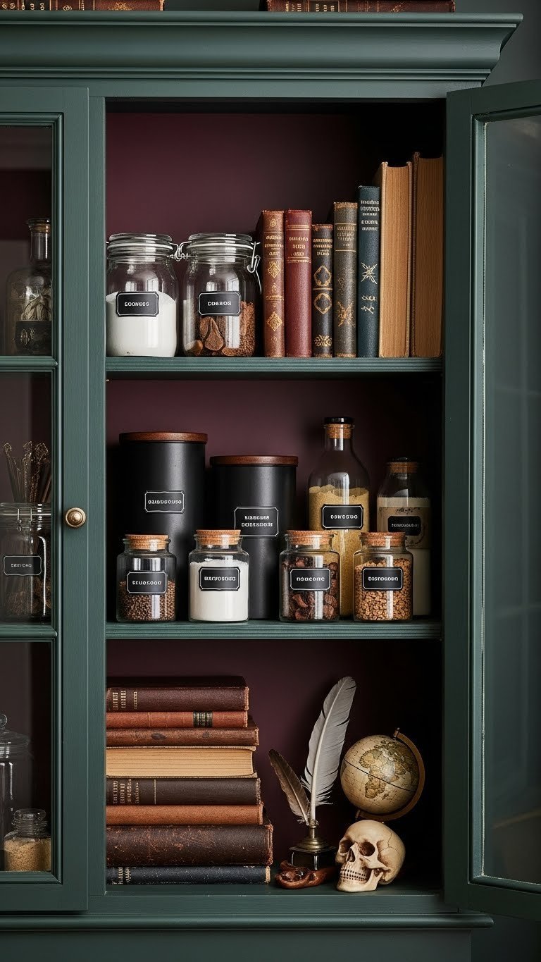 Dark academia kitchen pantry nook: old books, dark wooden canisters, and labeled jars on a shelf with a globe.