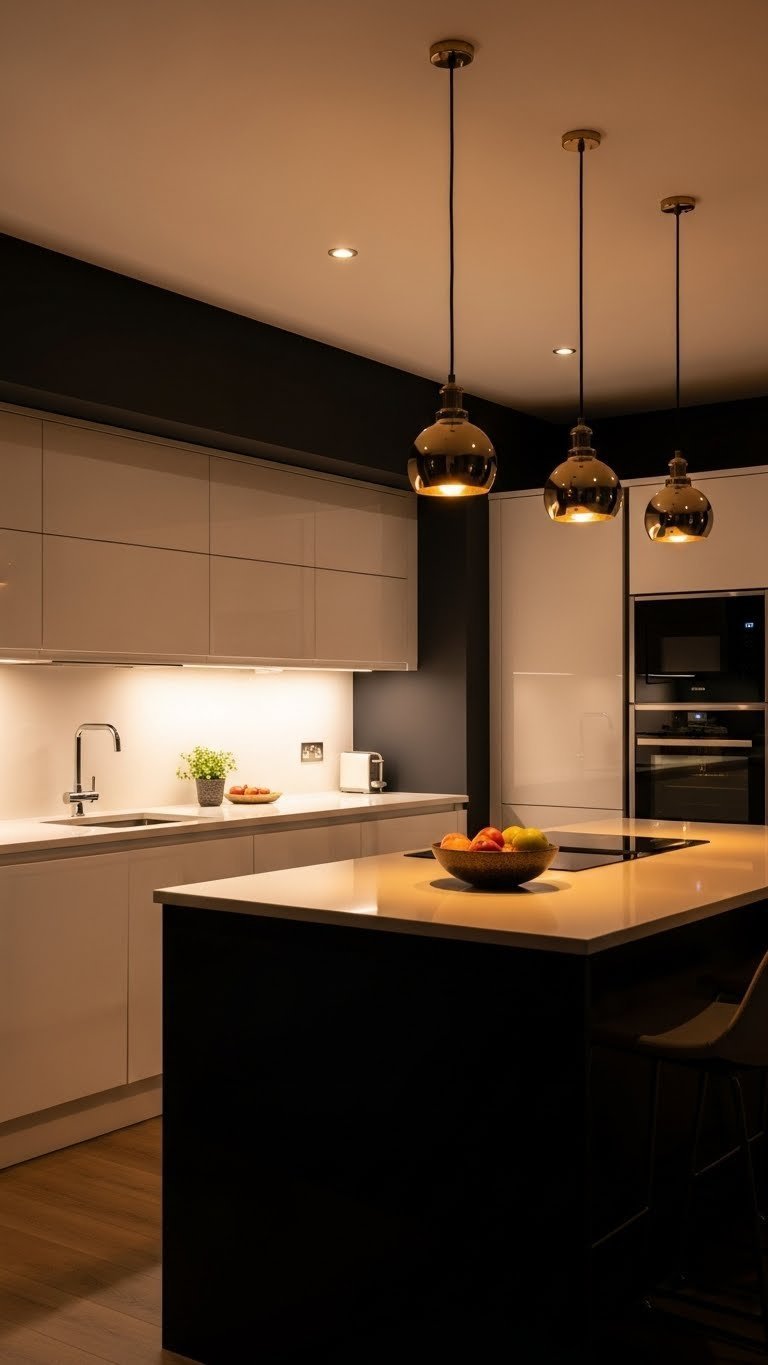 Dark and white kitchen at dusk: under-cabinet, pendant, and recessed lighting illuminate white cabinets and dark walls.
