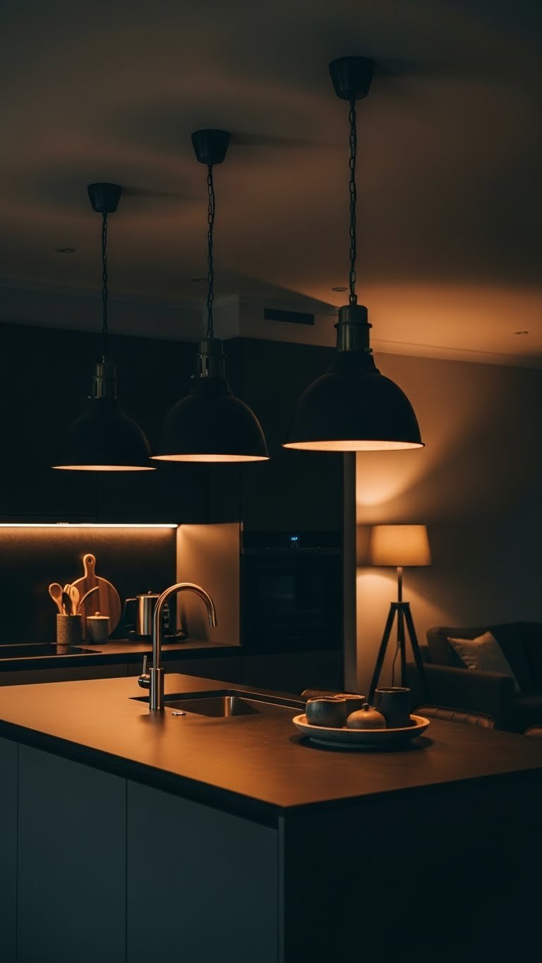 Dark Kitchen Living Room Aesthetic: 7 Essential Chic Ideas 3 Dark black kitchen island, industrial pendants, warm LED strip lighting. Floor lamp in living room creates intimate, modern layered lighting.