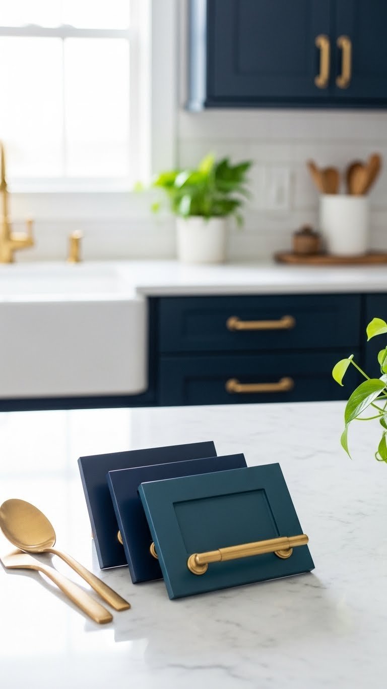 Dark blue kitchen cabinet samples (navy, midnight, deep teal) on marble with brass pull. Modern kitchen design inspiration.