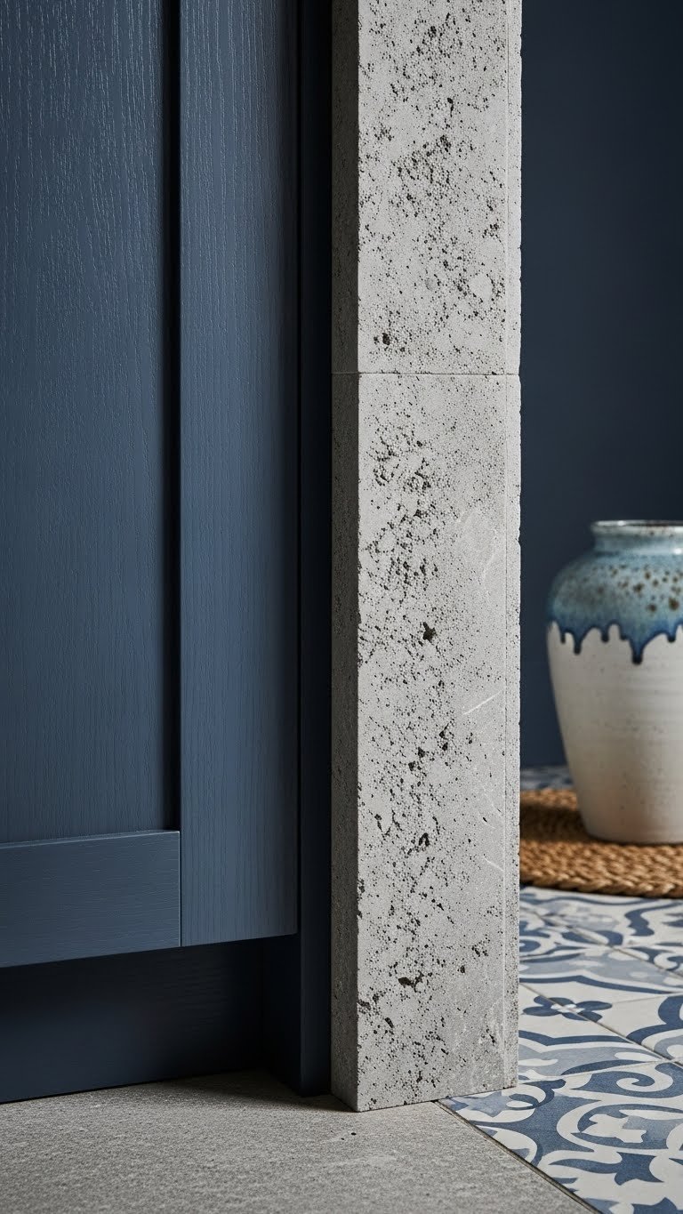 Dark blue matte kitchen cabinets with textured stone wall and patterned floor. Rich texture interplay in design.