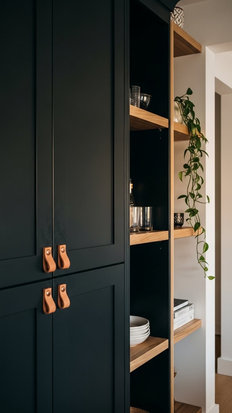 Dark bohemian kitchen features charcoal black shaker cabinetry, raw wood open shelving, leather pulls, copper hardware, and a trailing plant. Warm golden light.