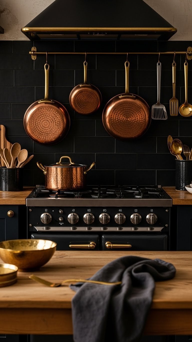 Dark bohemian kitchen featuring hammered copper cookware above a dark wood stove and matte black tile backsplash. Gold accents, linen towel. Warm golden light.