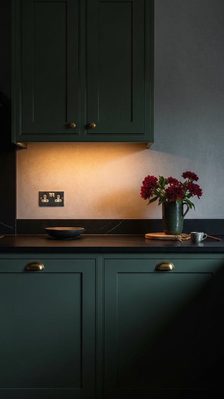 Dark botanical kitchen featuring velvety matte green cabinetry, black soapstone countertops, warm under-cabinet lighting, antique brass hardware.