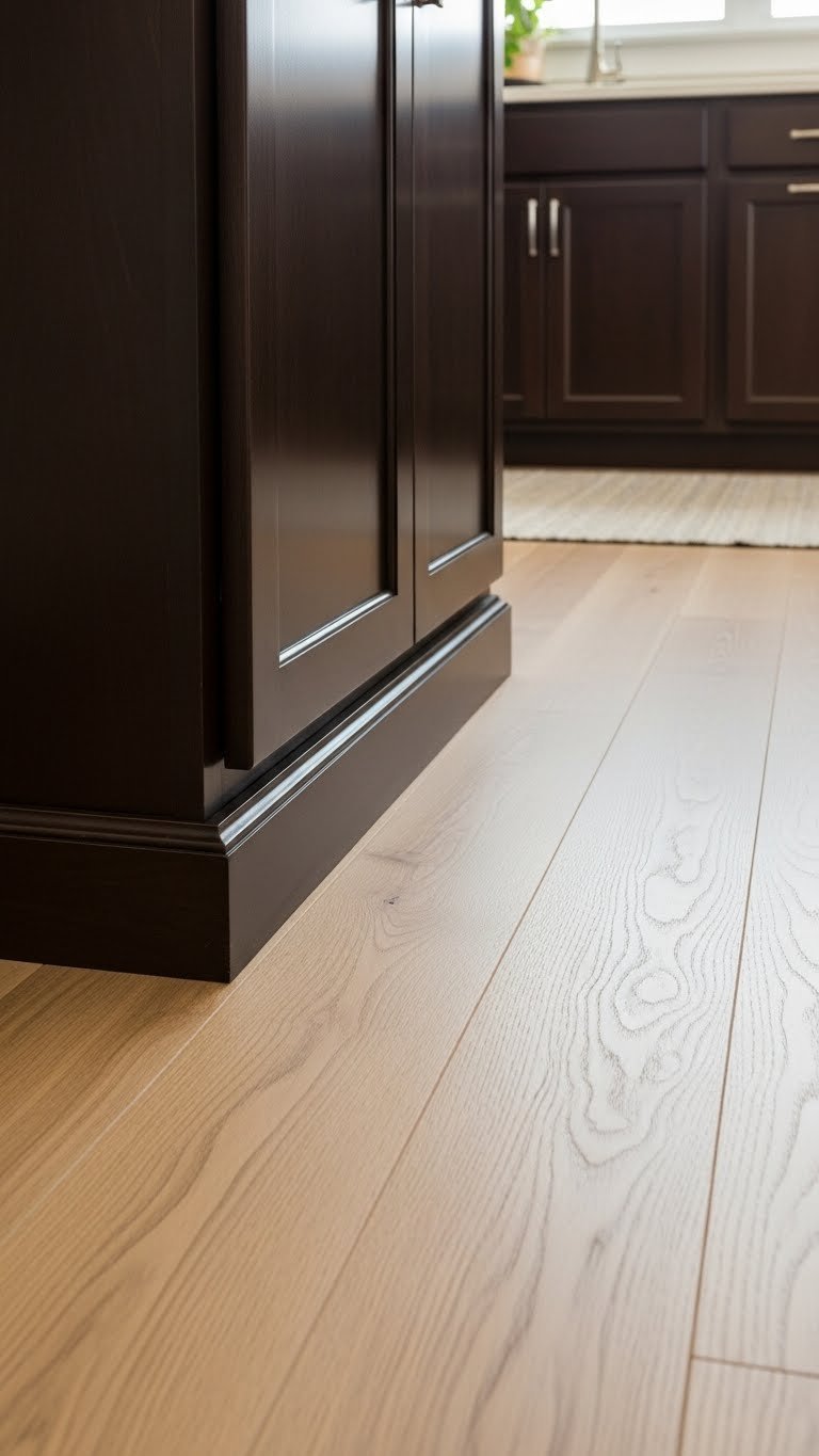 Dark brown kitchen cabinets meeting light wood flooring, showcasing elegant material contrast and warm, inviting interior design.