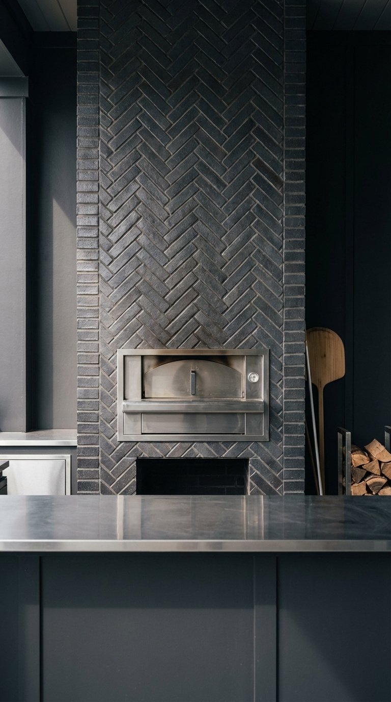 Outdoor Kitchen Tile Backsplash Ideas Materials And Installation Guide 5 Dark charcoal glazed thin brick herringbone backsplash behind outdoor pizza oven with stainless steel countertop