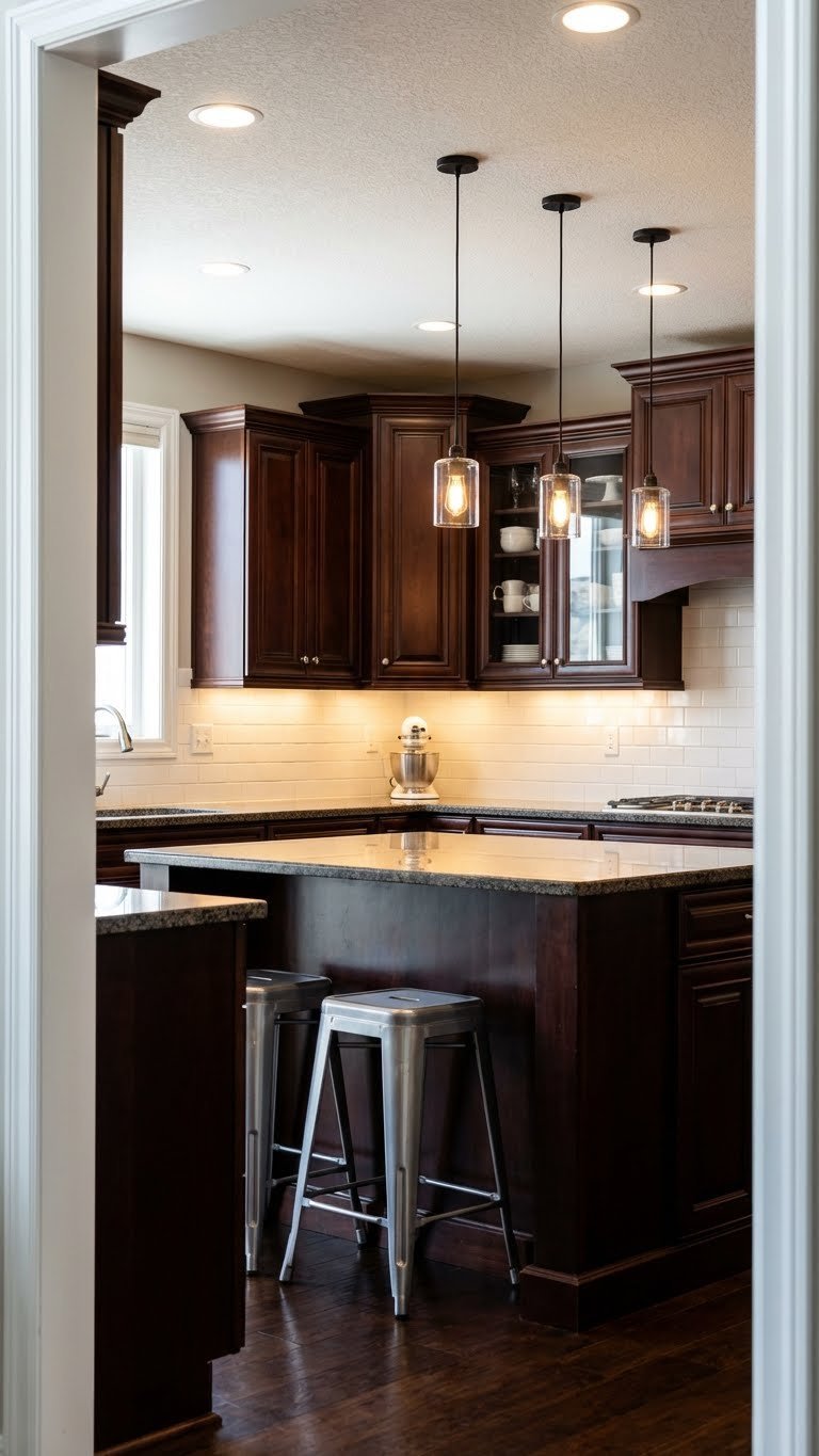 Dark cherry wood kitchen cabinets, island with pendant lights, recessed and under-cabinet LED lighting. Elegant modern kitchen.
