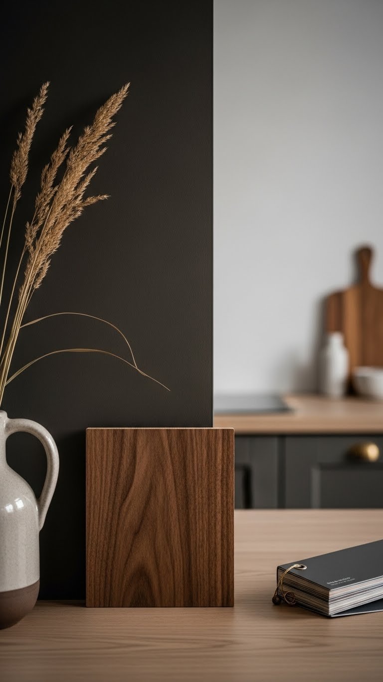Dark earthy kitchen wall in charcoal/umber with textured walnut cabinetry, ceramic vase, and paint swatches under natural light, creating a cozy aesthetic.