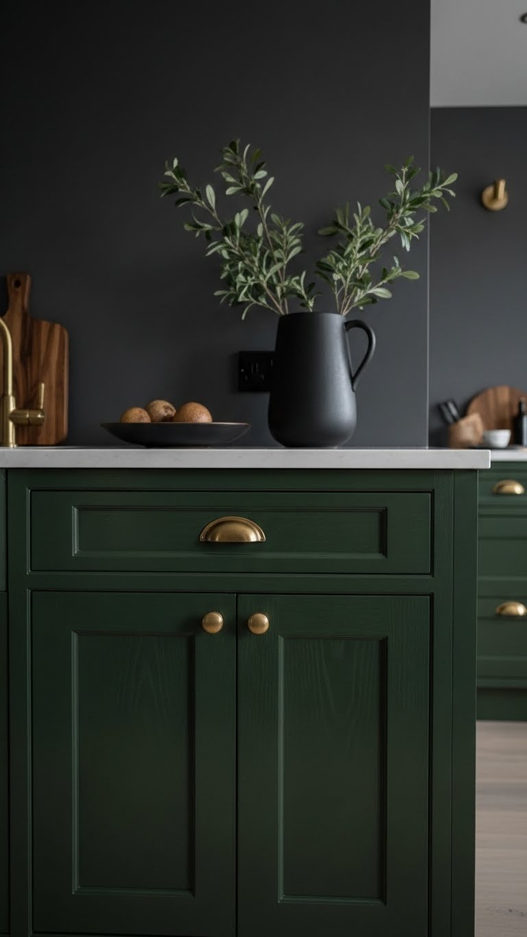 Dark eclectic kitchen with deep forest green cabinets, charcoal gray wall, and brass hardware, showcasing sophisticated kitchen design trends.