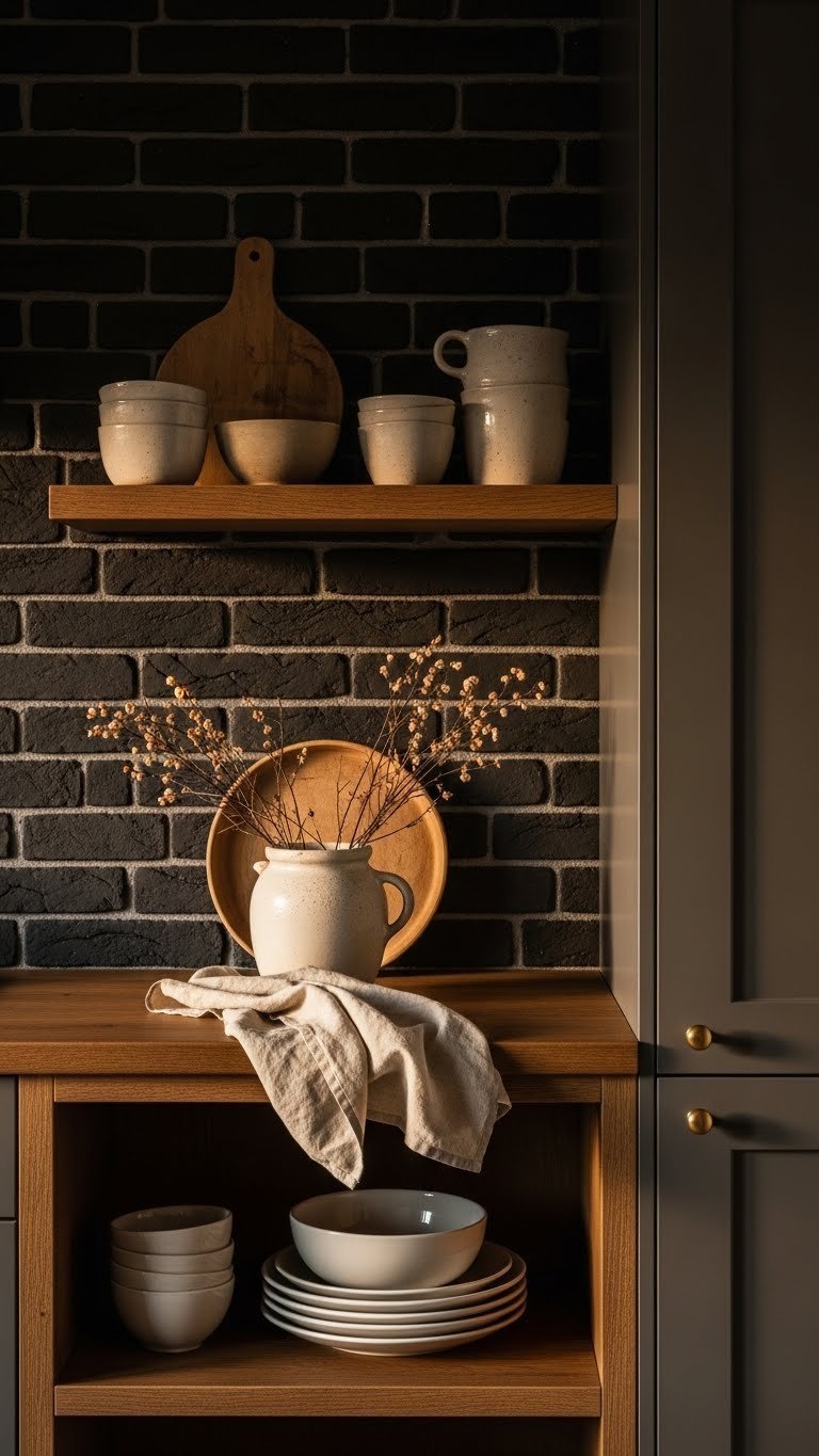 Dark exposed brick wall, deep cabinetry, rustic wood shelf with matte ceramic decor and linen textiles, lit by warm golden hour.
