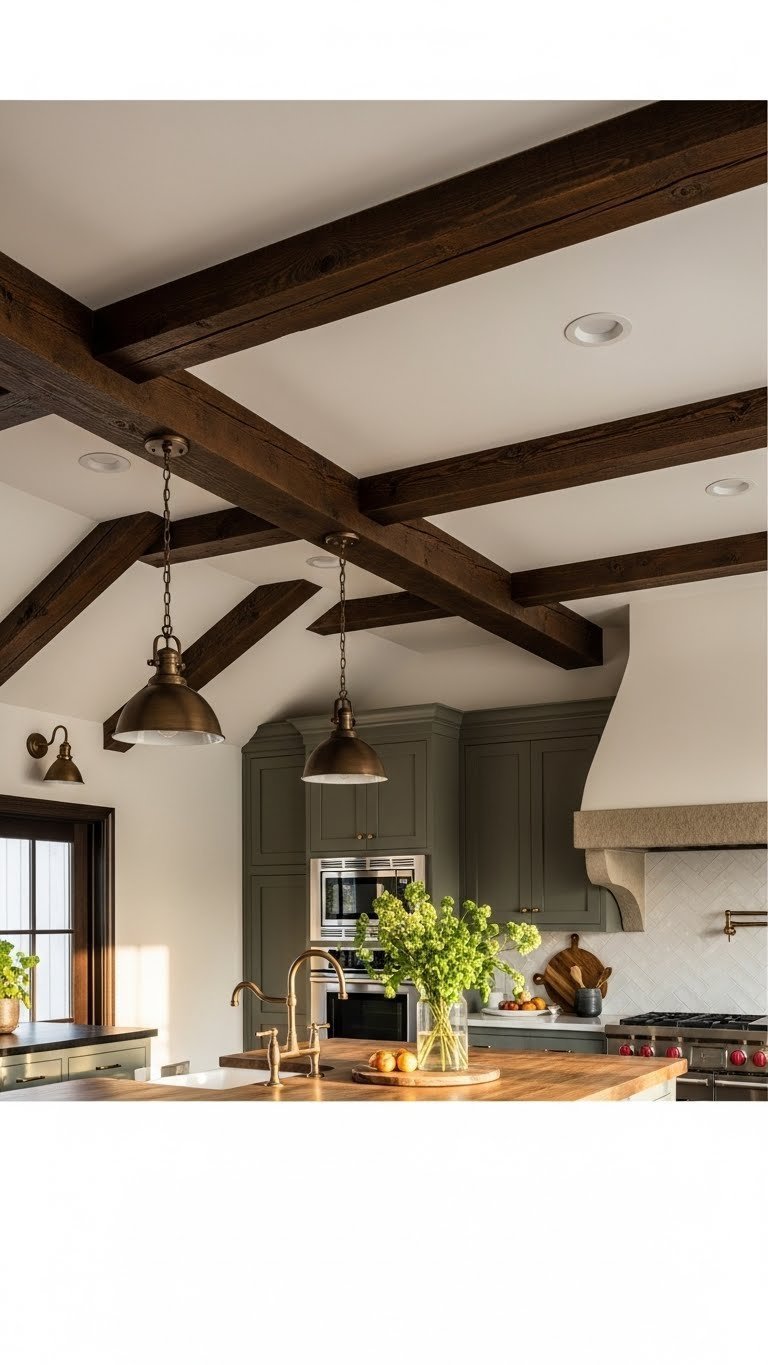 Dark exposed wooden ceiling beams, white ceiling, and dark sage green cabinets. Rustic kitchen aesthetic with architectural detail.