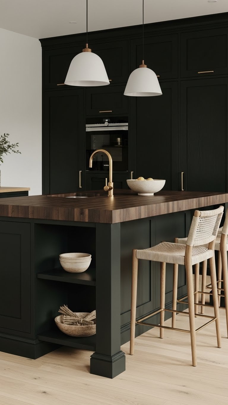 Dark forest green kitchen island, butcher block top, open shelving, sleek bar stools, ceramic fruit bowl, bright daylight.