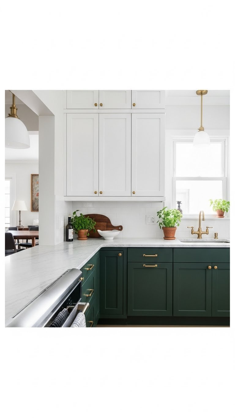 Dark forest green lower cabinets with crisp white upper cabinets and brass hardware in a compact kitchen design