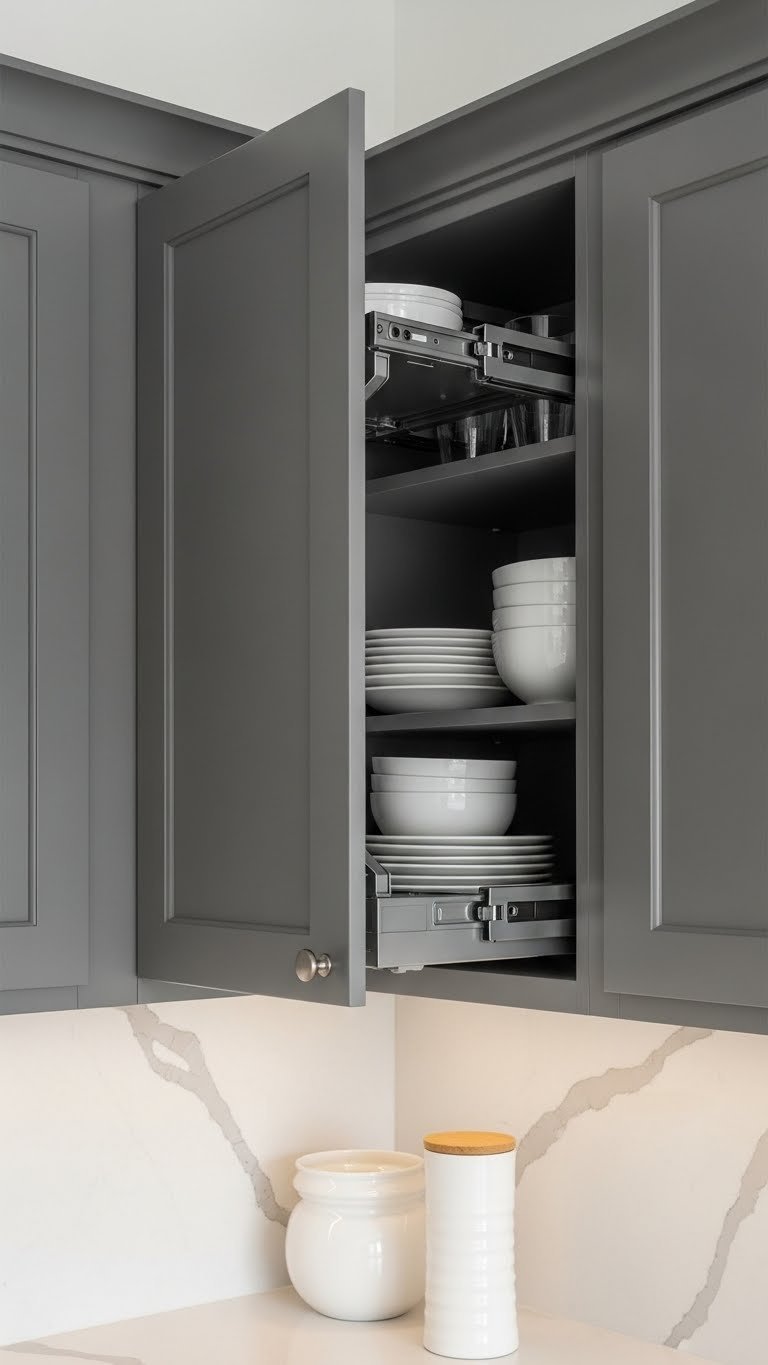 Dark gray diagonal corner upper cabinet open to reveal neatly stacked white ceramic plates and bowls with minimalist knobs