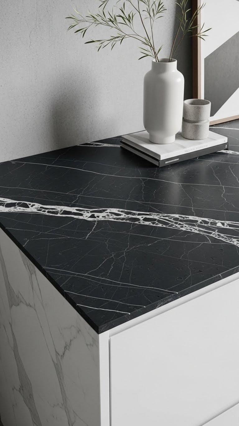 Dark gray quartz kitchen countertop with subtle white veining, polished surface, minimalist vase, stylish accessories. Modern, elegant kitchen.