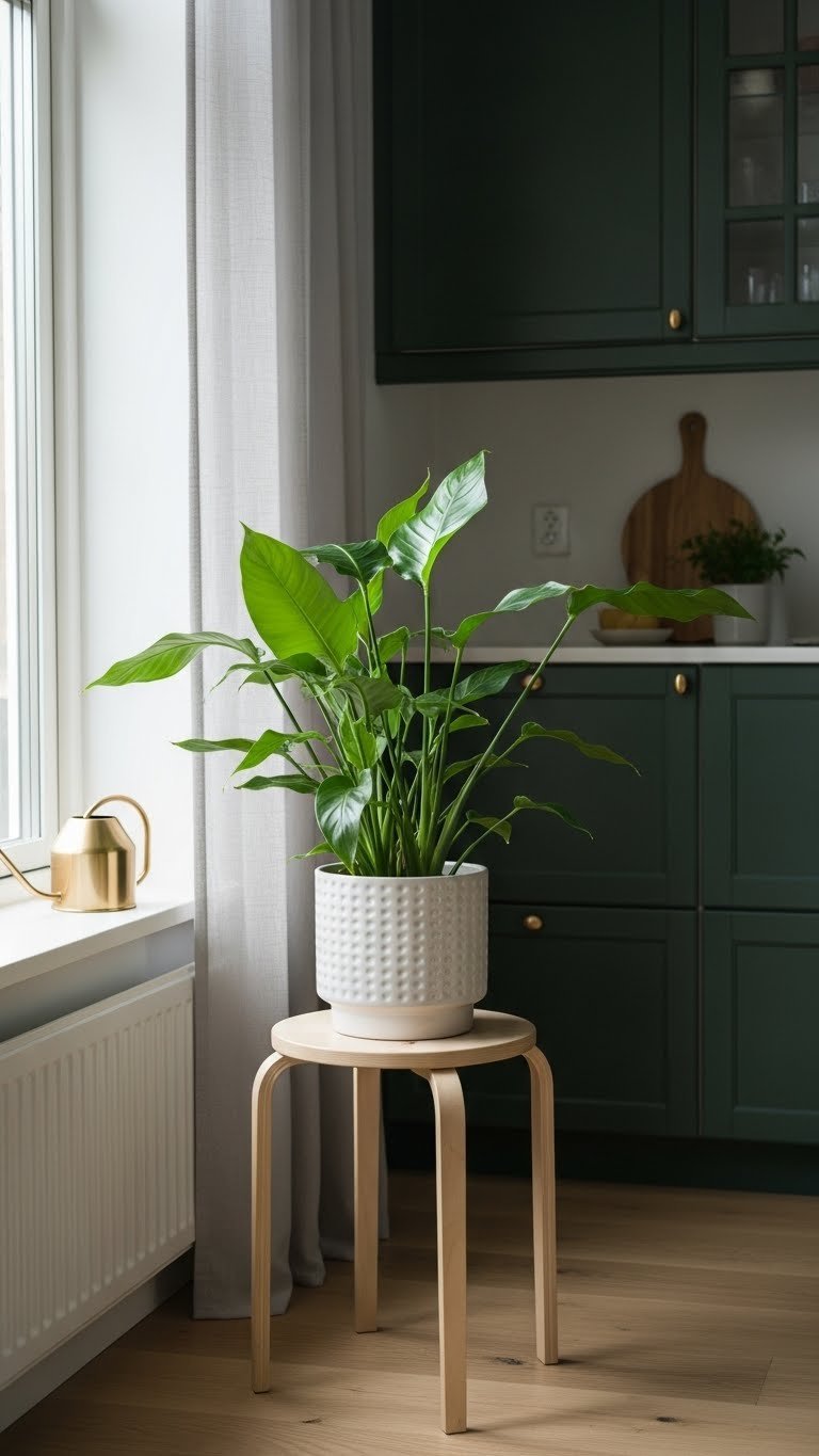 Dark green Scandinavian kitchen corner with large vibrant green potted plant on light wooden stool by window