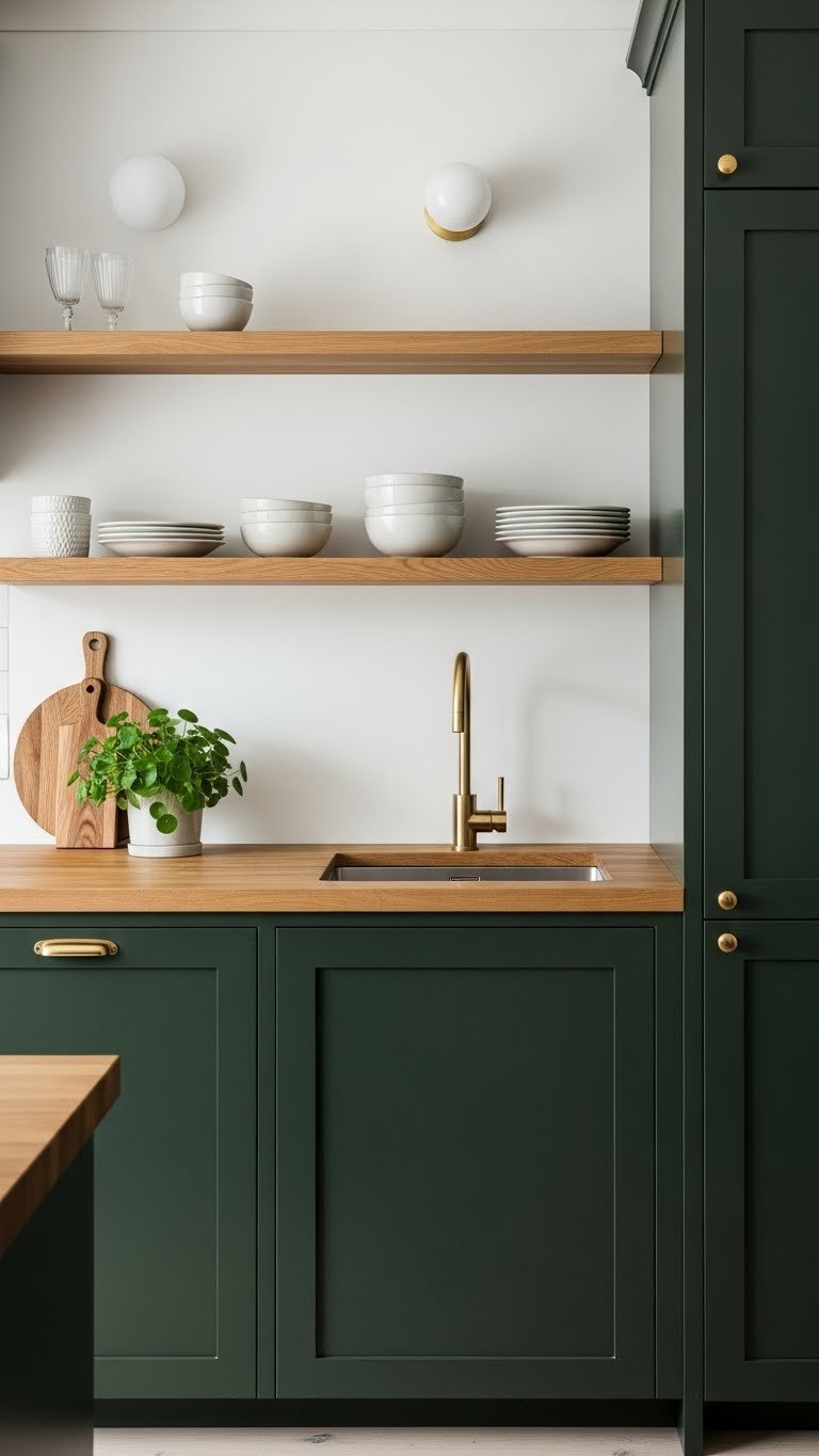 Dark green Shaker-style kitchen cabinets with warm oak butcher block countertop and natural wood open shelving