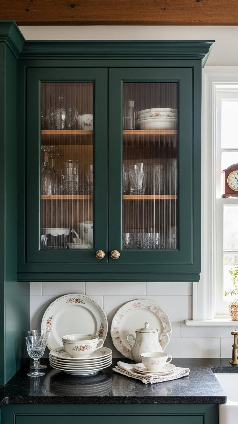 Dark green cabinets with glass fronts displaying vintage ceramic plates and crystal glasses on marble countertop