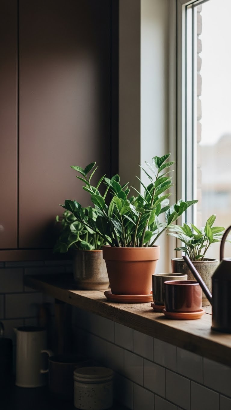 Dark green indoor plants on reclaimed wood shelf, deep brown cabinet wall, terracotta planters, soft natural window light.