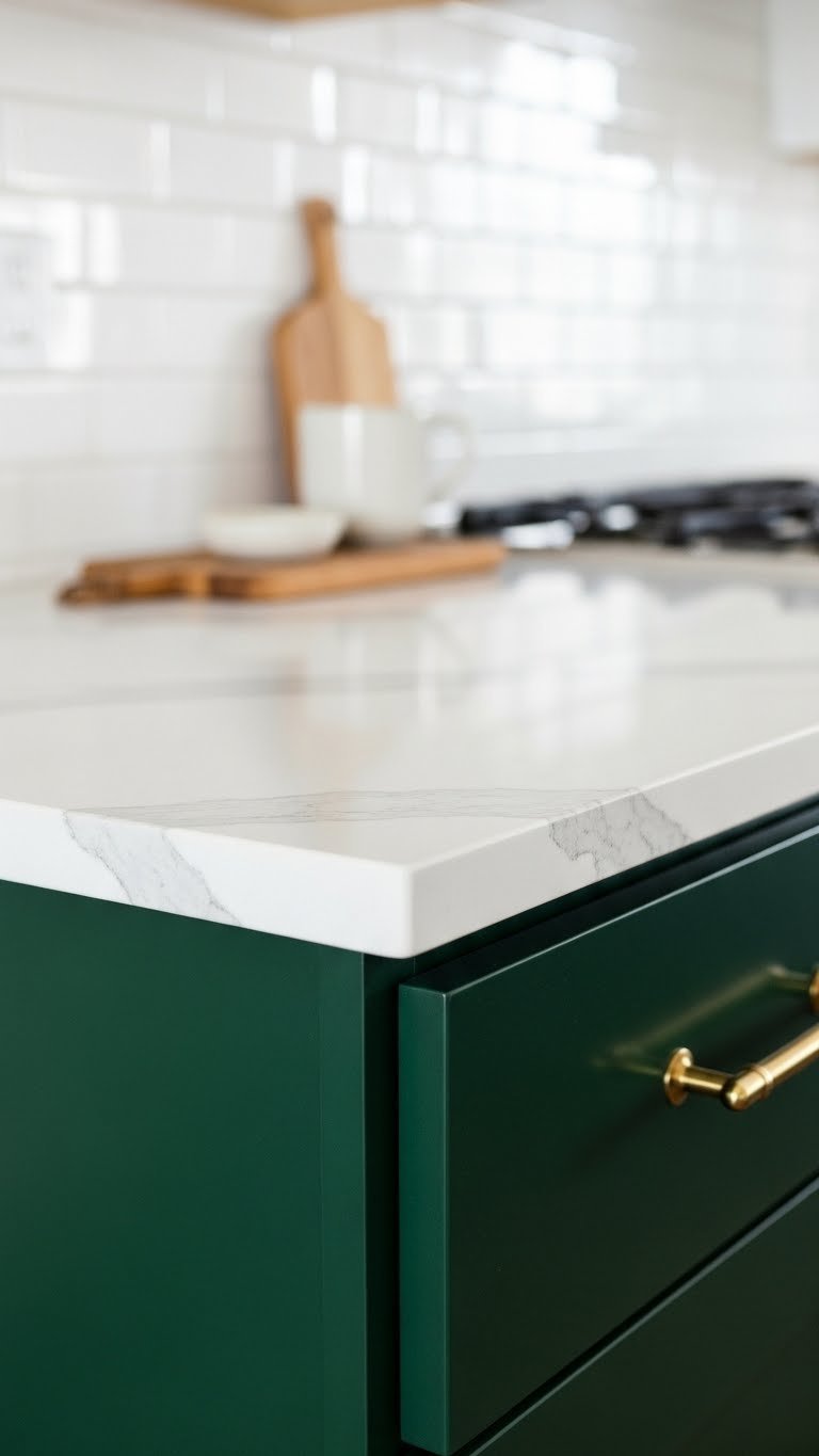 Dark green kitchen cabinet, white quartz countertop, and glossy white zellige tile backsplash. Modern design, clean details.
