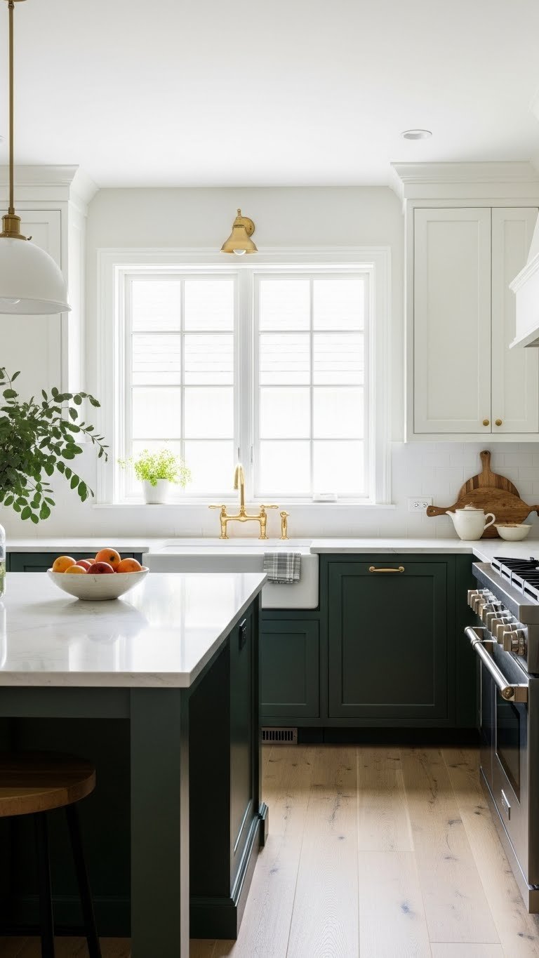 Dark green kitchen island contrasting creamy white walls and a large window. Bright, fresh, traditional kitchen design.