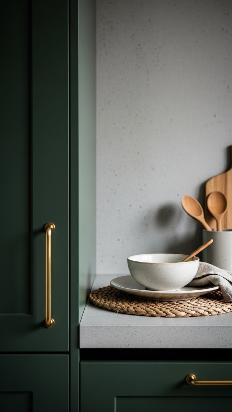 Dark green kitchen texture contrast showing smooth matte cabinets next to rough light concrete wall with natural elements