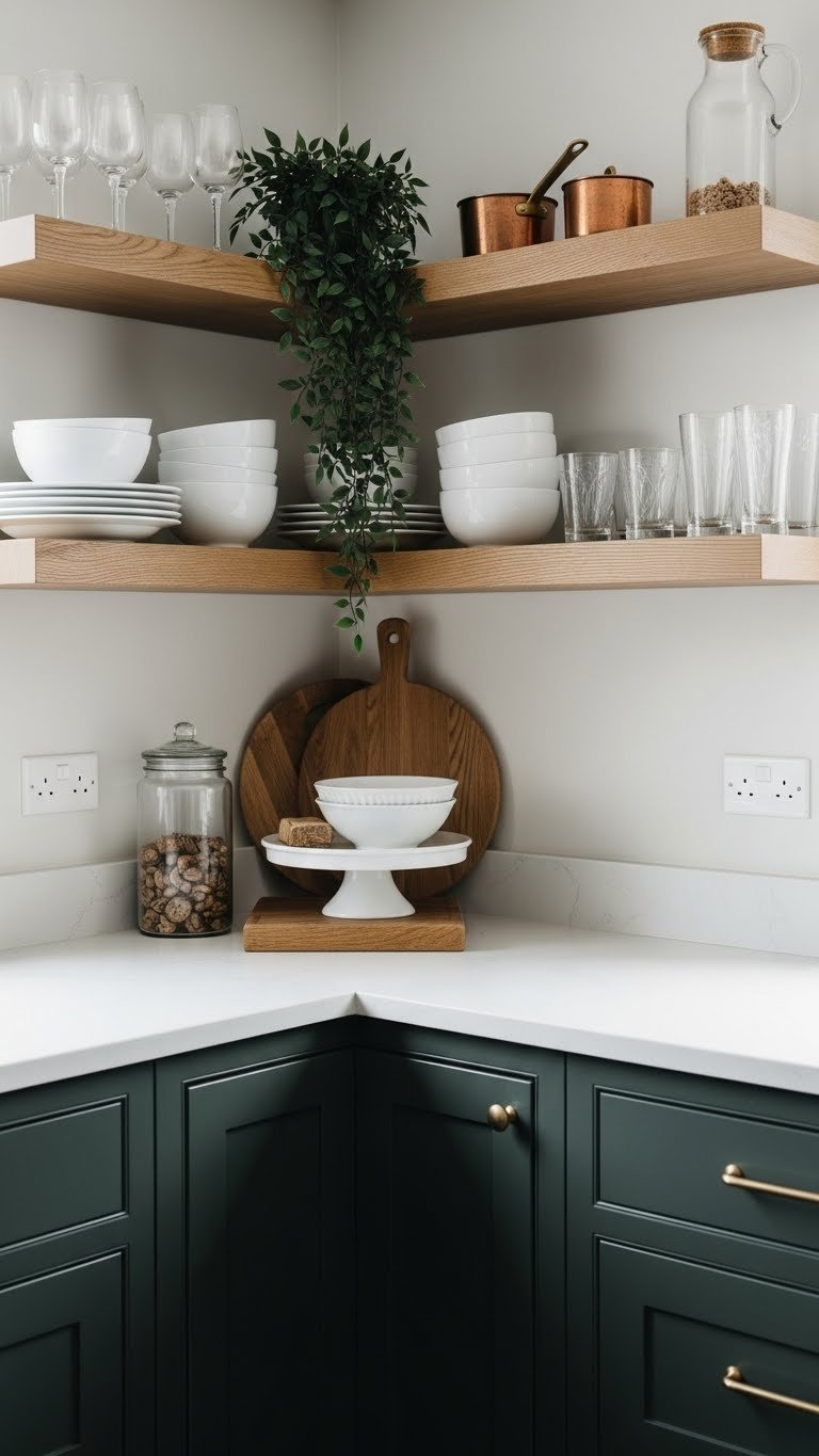 Dark green lower cabinets with rustic oak open shelving, styled with white ceramics, copper pots, and a trailing plant.