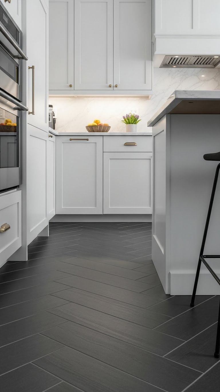 Dark grey herringbone tile floor in contemporary kitchen with white cabinets and minimalist island for modern aesthetic