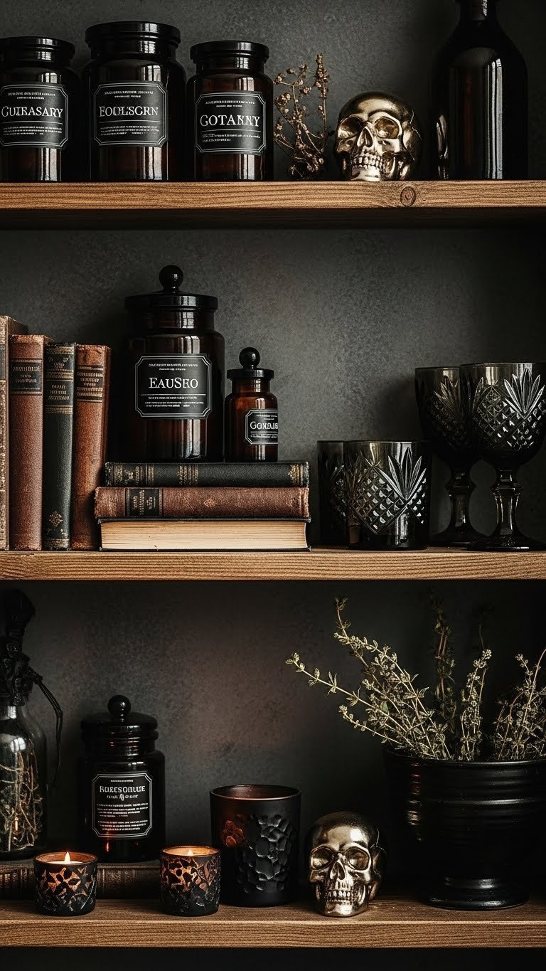 Dark grunge kitchen open shelving, gothic jars, vintage books, dark crystal. Black candles.