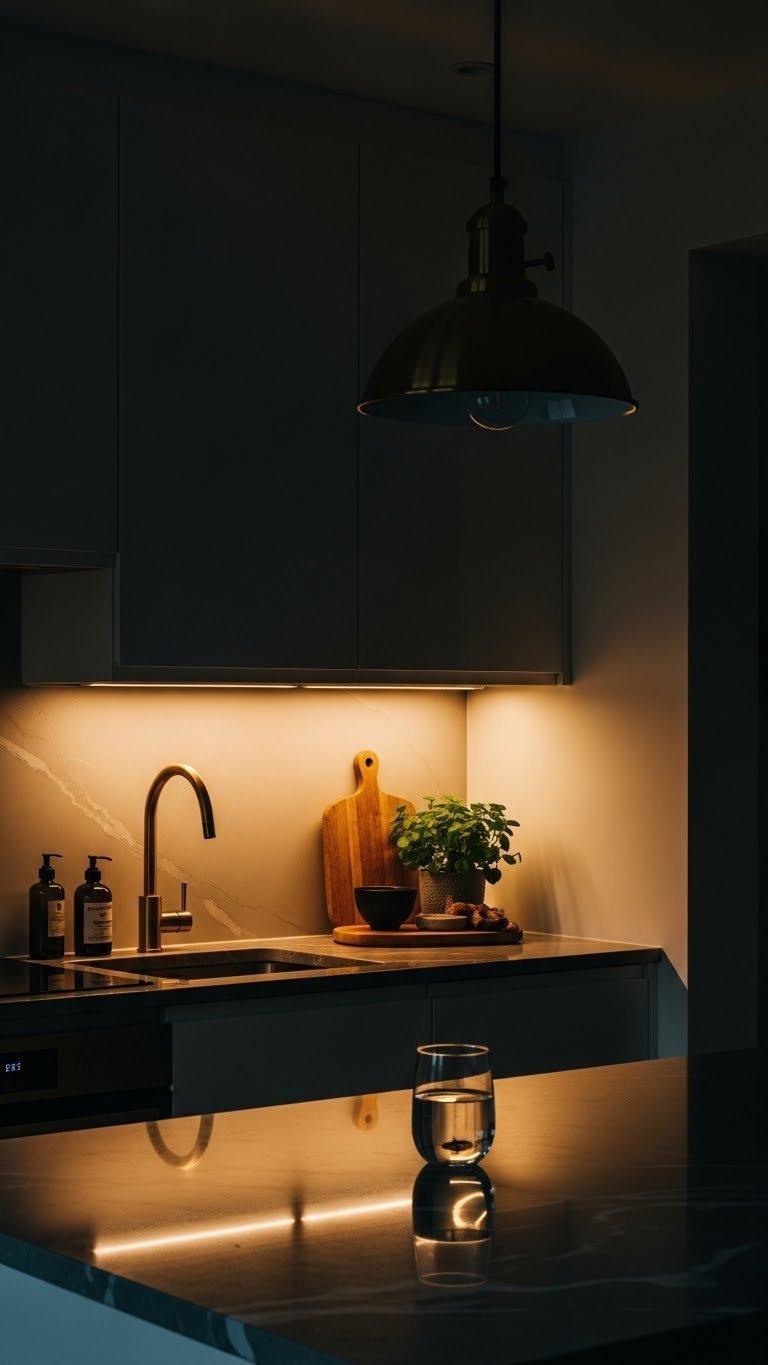 Dark kitchen at dusk with warm under-cabinet lighting, dark backsplash, antique brass pendant light over island.