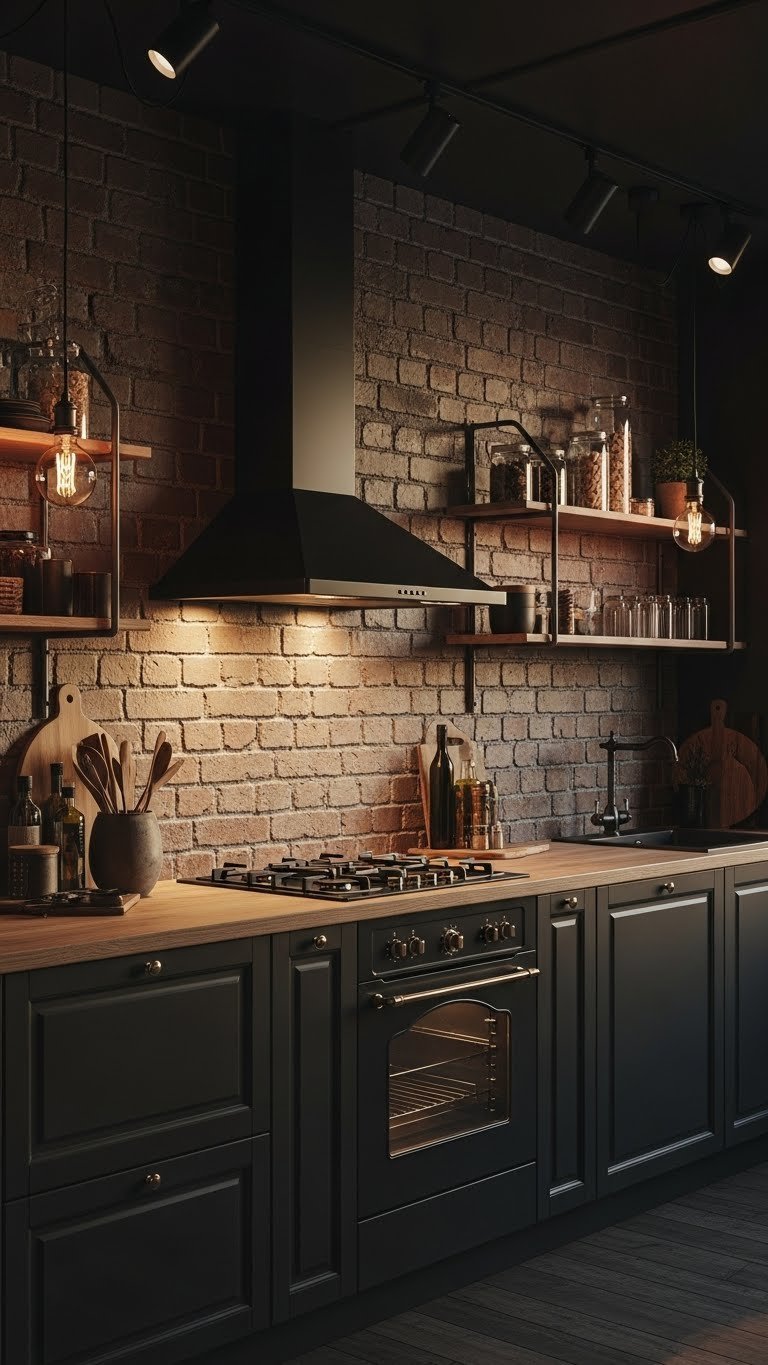 Dark kitchen dramatically lit. Exposed brick, matte black accents, warm wood shelving. Cozy, industrial design.
